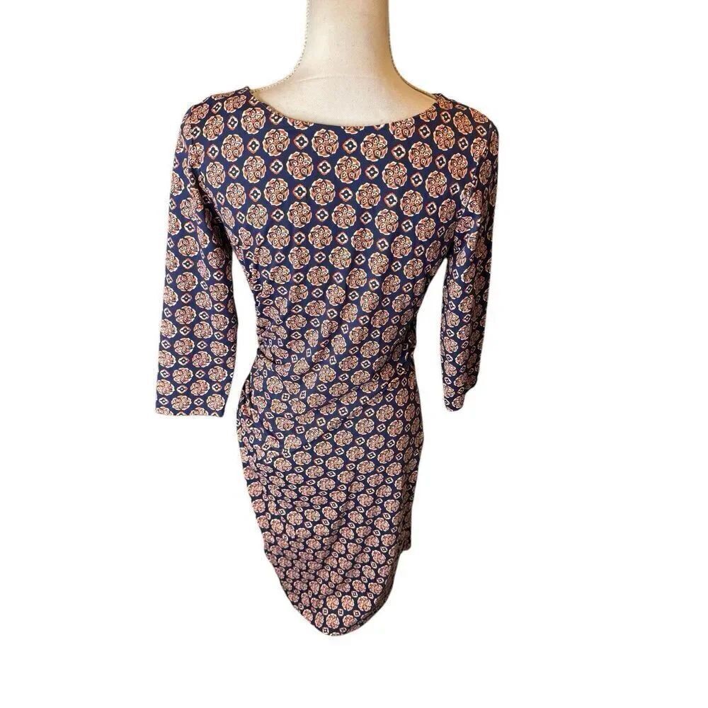 J. MCLAUGHLIN Blue/Orange Print Geometric Ruched Side Catalina Cloth Sz Small